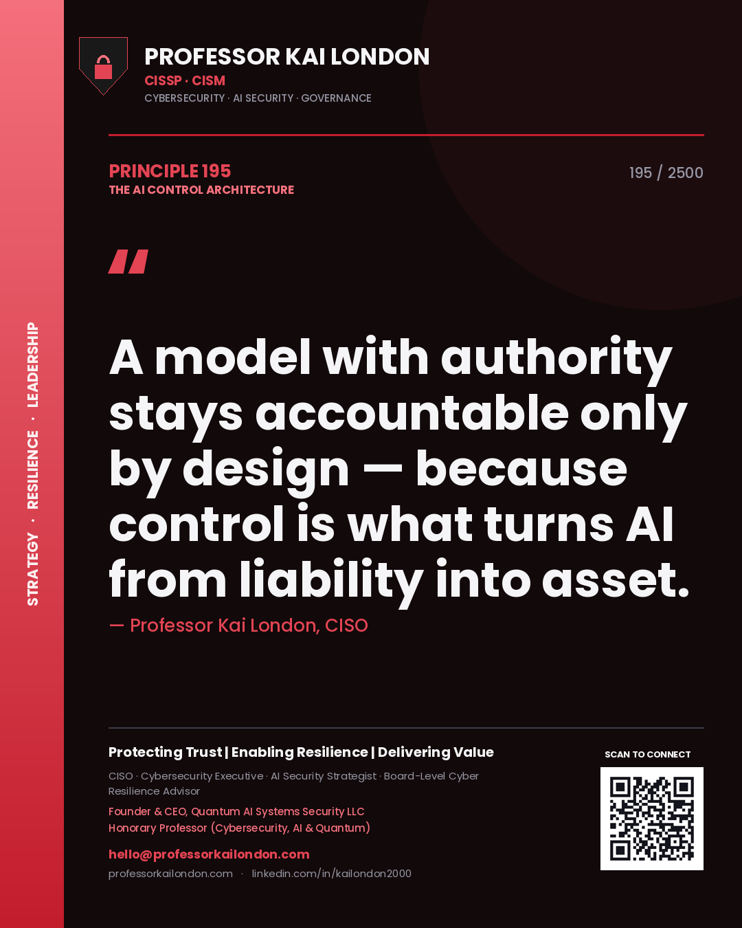 Quote card by Professor Kai London reading 'A model with authority stays accountable only by design — because control is what turns AI from liability into asset.'. From the book The AI Control Architecture.