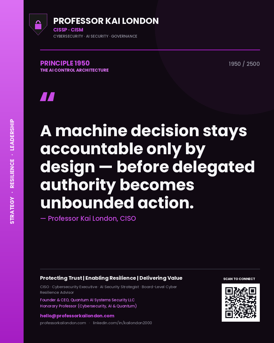 Quote card by Professor Kai London reading 'A machine decision stays accountable only by design — before delegated authority becomes unbounded action.'. From the book The AI Control Architecture.