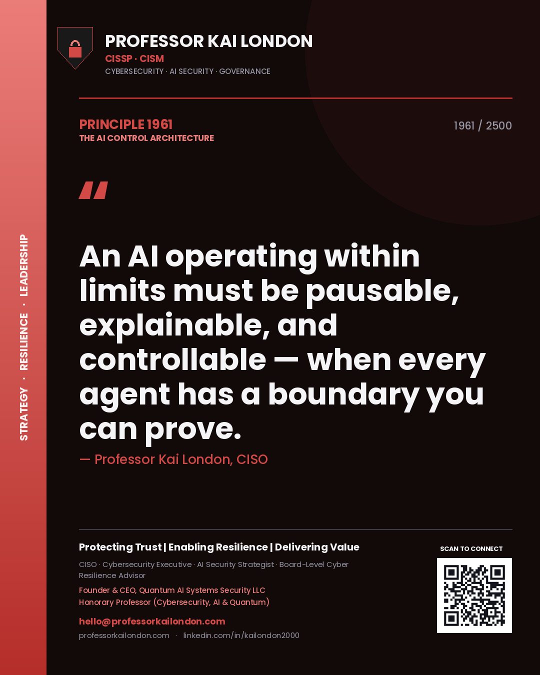 Quote card by Professor Kai London reading 'An AI operating within limits must be pausable, explainable, and controllable — when every agent has a boundary you can prove.'. From the book The AI Control Architecture.