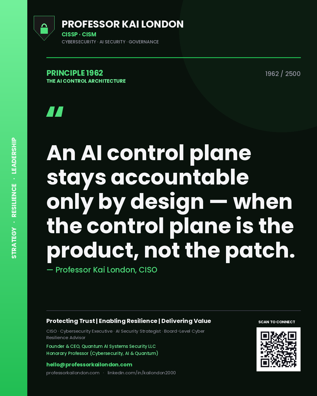 Quote card by Professor Kai London reading 'An AI control plane stays accountable only by design — when the control plane is the product, not the patch.'. From the book The AI Control Architecture.