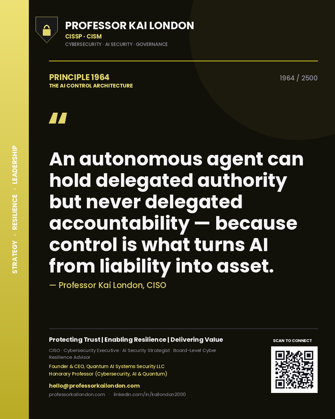 Quote card by Professor Kai London reading 'An autonomous agent can hold delegated authority but never delegated accountability — because control is what turns AI from liability into asset.'. From the book The AI Control Architecture.