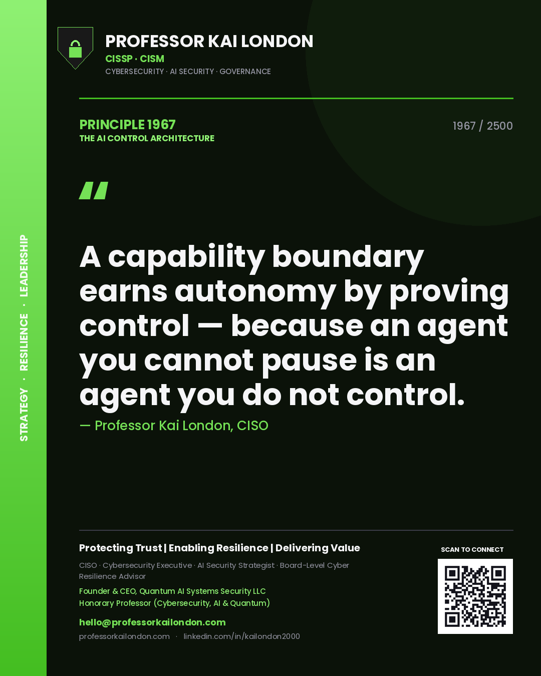 Quote card by Professor Kai London reading 'A capability boundary earns autonomy by proving control — because an agent you cannot pause is an agent you do not control.'. From the book The AI Control Architecture.