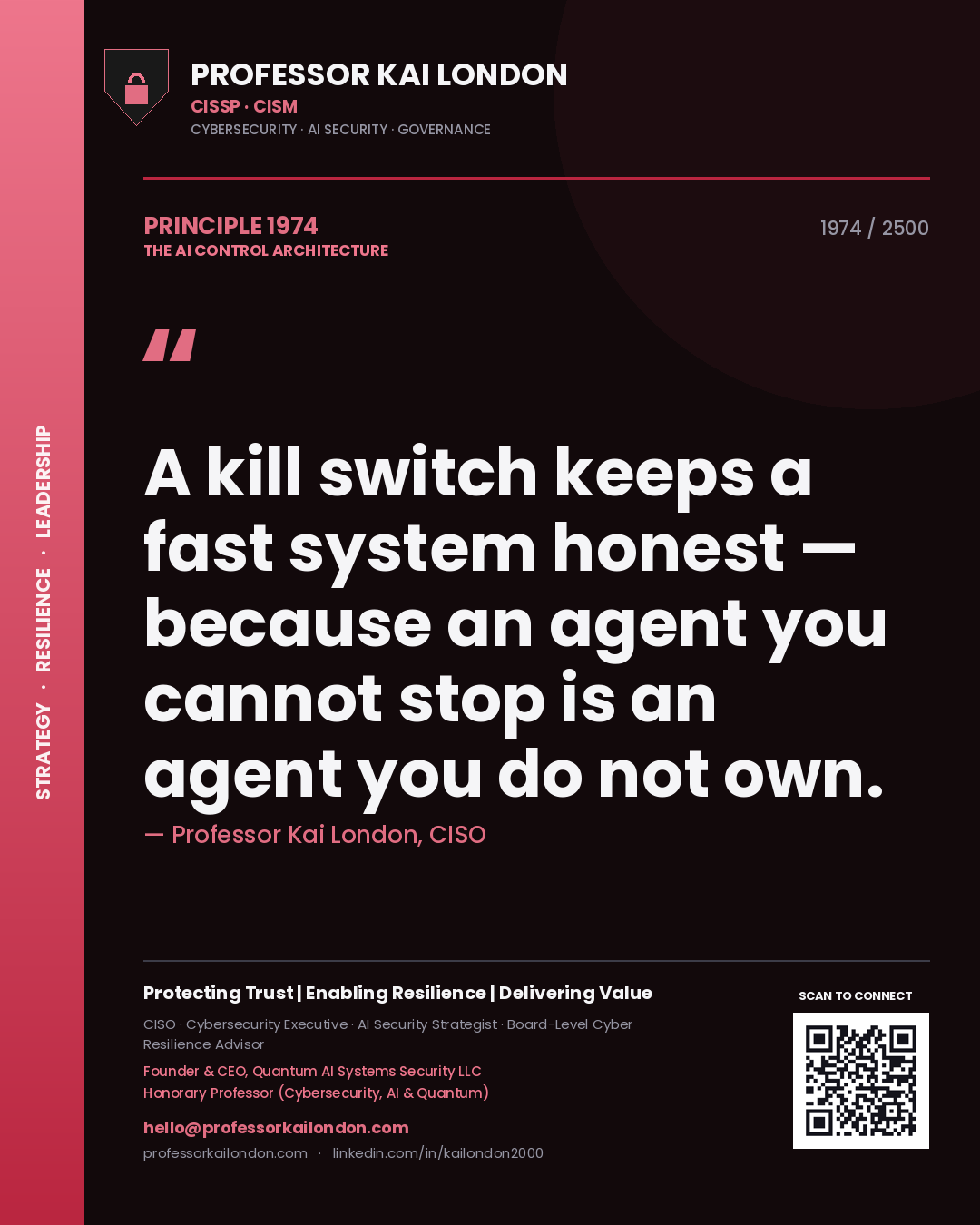 Quote card by Professor Kai London reading 'A kill switch keeps a fast system honest — because an agent you cannot stop is an agent you do not own.'. From the book The AI Control Architecture.