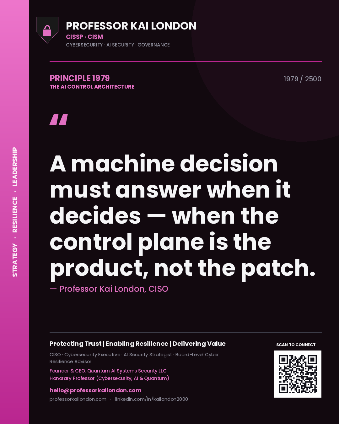 Quote card by Professor Kai London reading 'A machine decision must answer when it decides — when the control plane is the product, not the patch.'. From the book The AI Control Architecture.