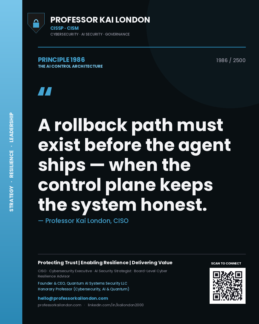 Quote card by Professor Kai London reading 'A rollback path must exist before the agent ships — when the control plane keeps the system honest.'. From the book The AI Control Architecture.