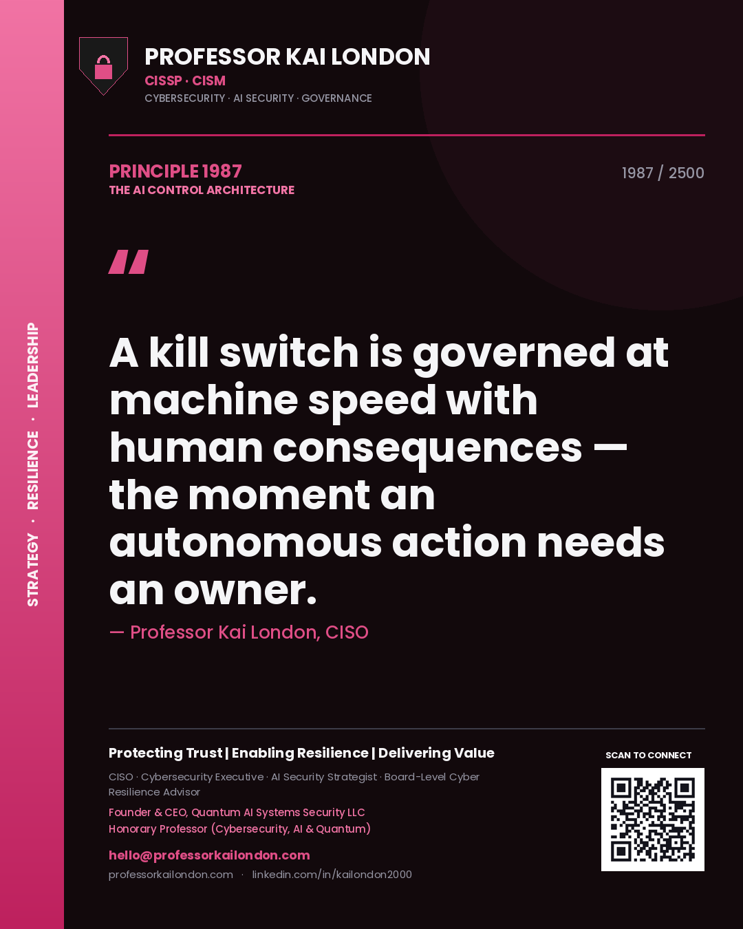 Quote card by Professor Kai London reading 'A kill switch is governed at machine speed with human consequences — the moment an autonomous action needs an owner.'. From the book The AI Control Architecture.
