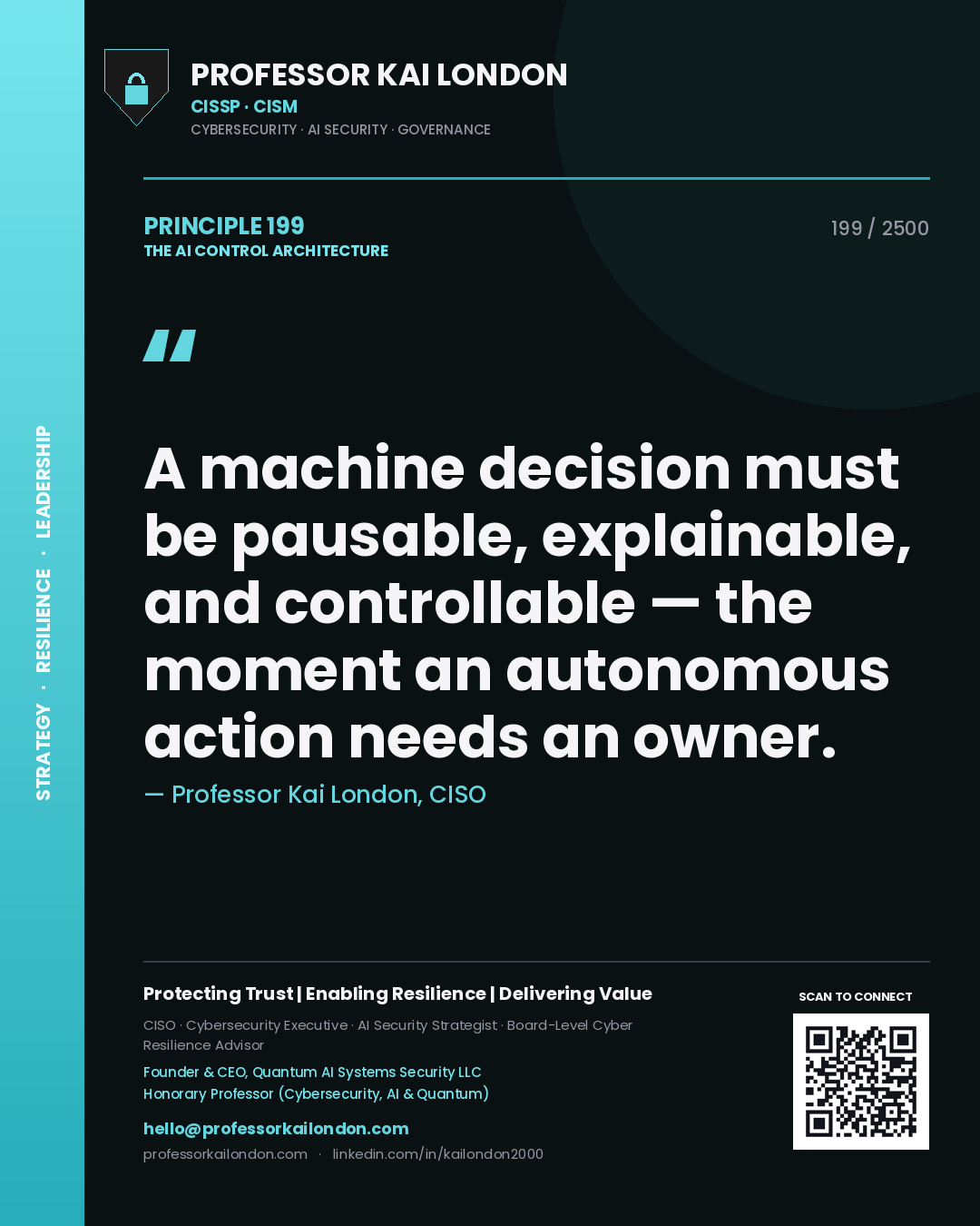 Quote card by Professor Kai London reading 'A machine decision must be pausable, explainable, and controllable — the moment an autonomous action needs an owner.'. From the book The AI Control Architecture.