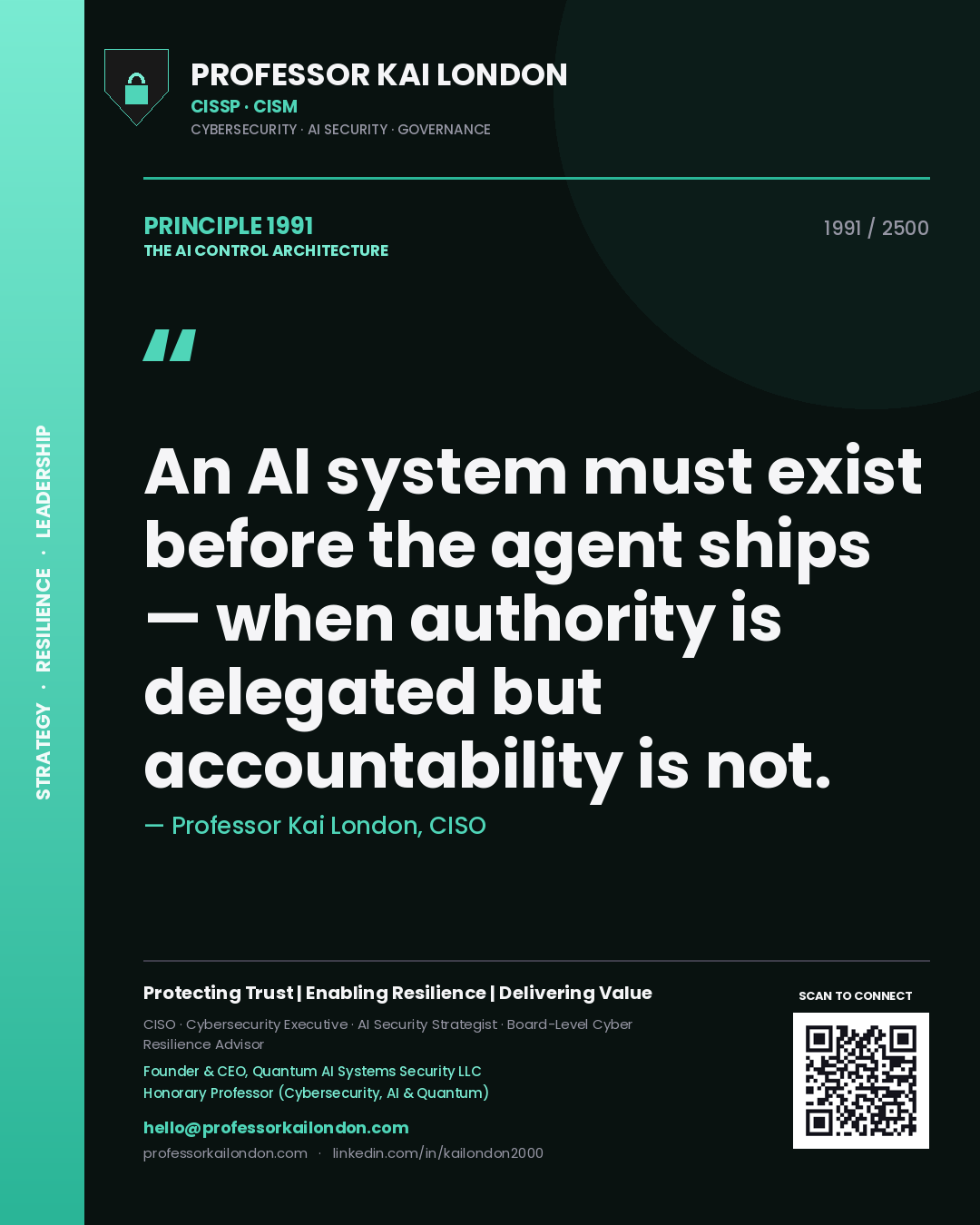 Quote card by Professor Kai London reading 'An AI system must exist before the agent ships — when authority is delegated but accountability is not.'. From the book The AI Control Architecture.