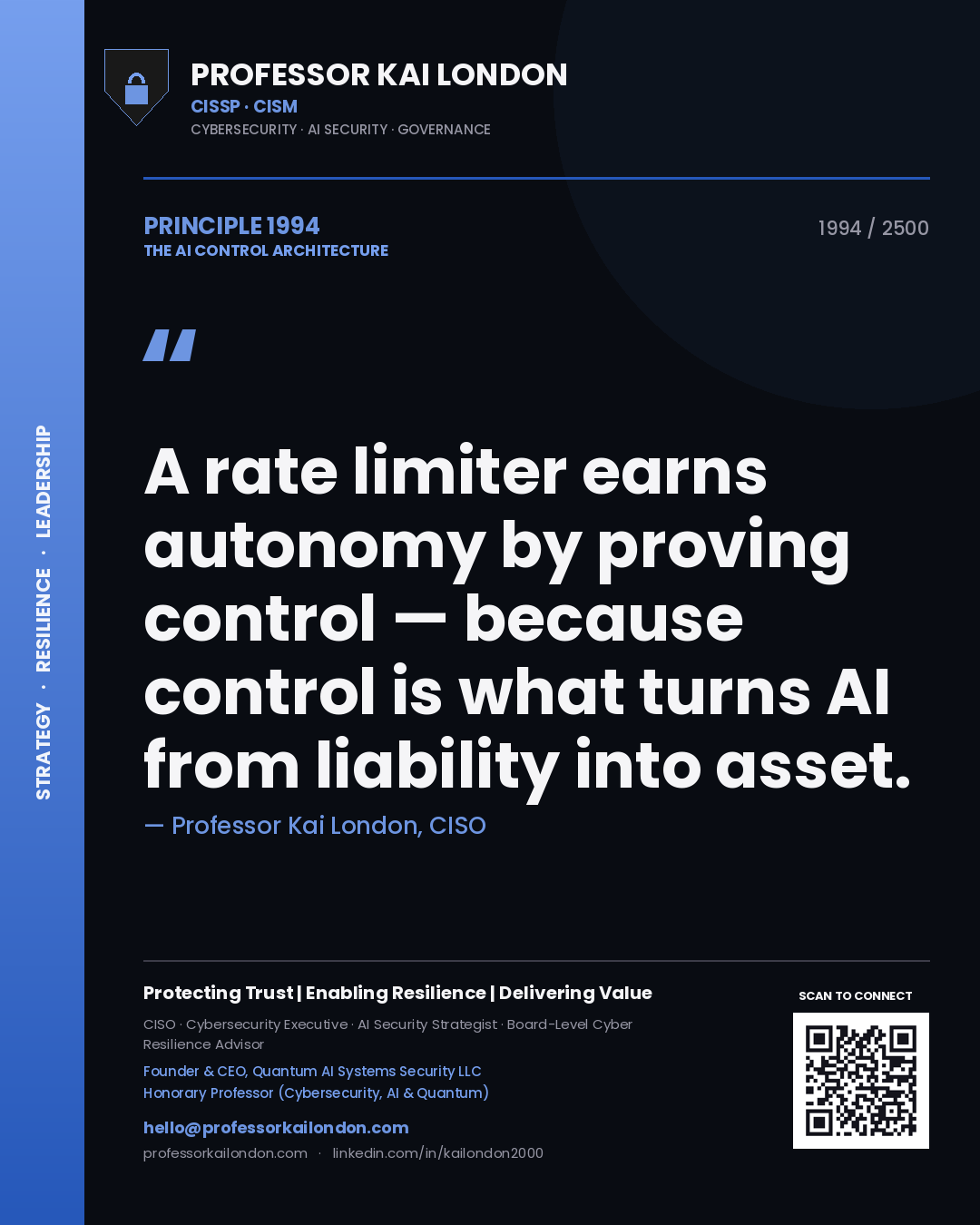Quote card by Professor Kai London reading 'A rate limiter earns autonomy by proving control — because control is what turns AI from liability into asset.'. From the book The AI Control Architecture.