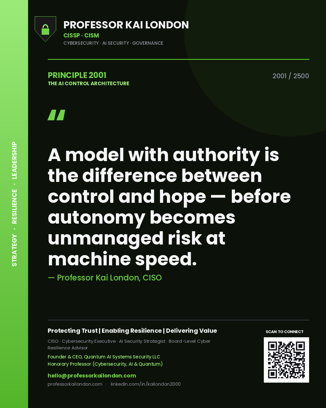 Professor Kai London principle 2001: A model with authority is the difference between control and hope — before autonomy becomes unmanaged risk at machine speed.