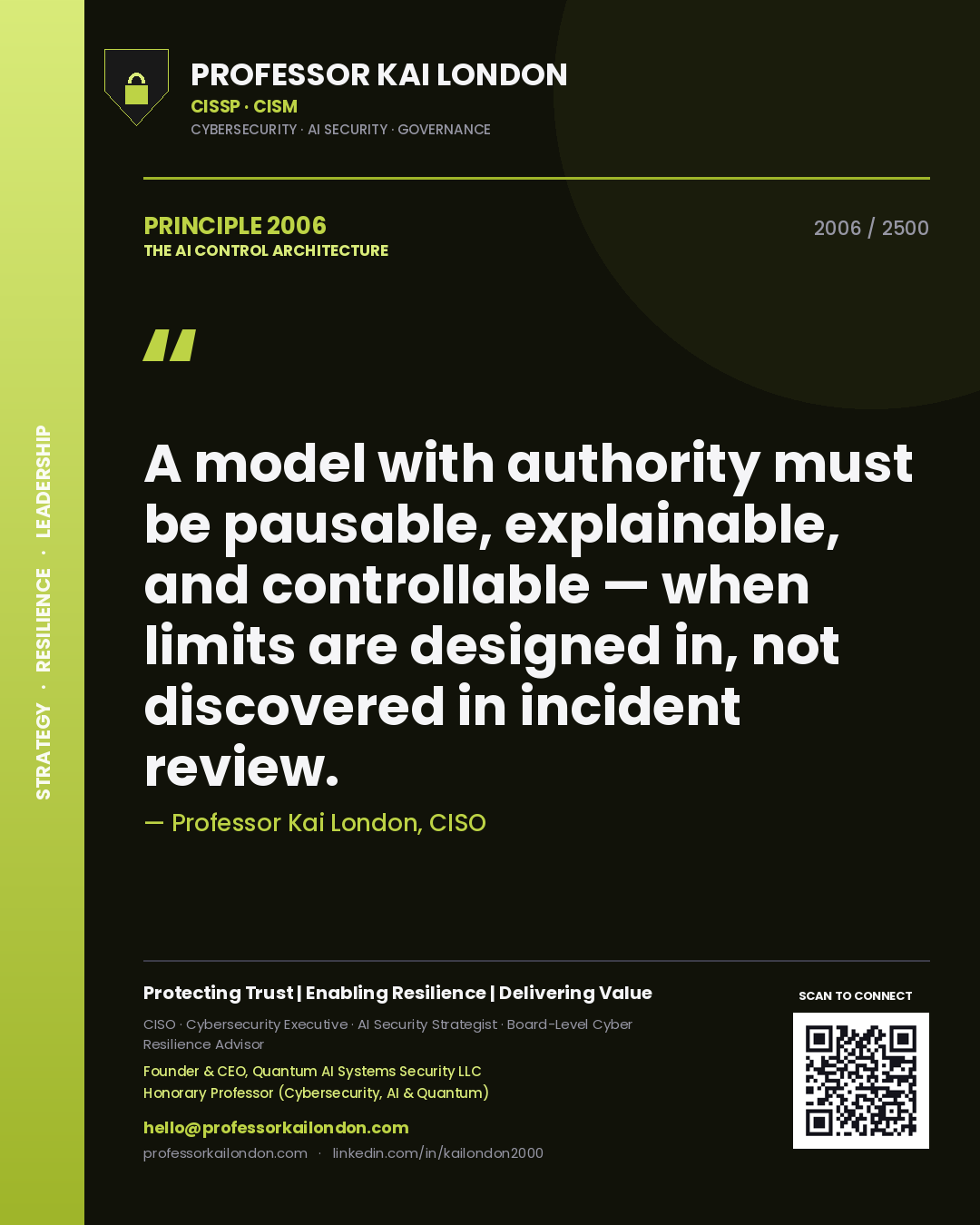 Professor Kai London principle 2006: A model with authority must be pausable, explainable, and controllable — when limits are designed in, not discovered in incident review.