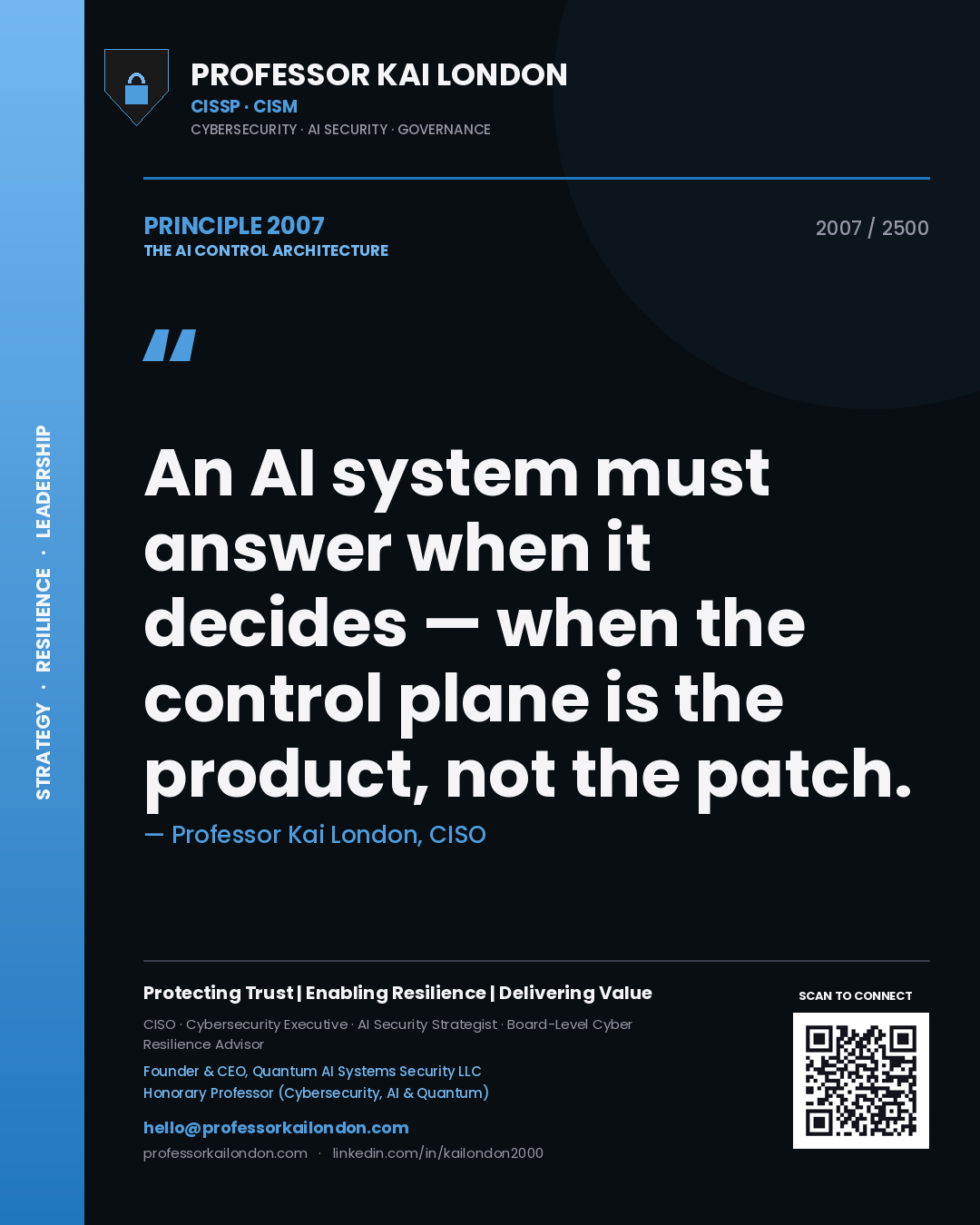Professor Kai London principle 2007: An AI system must answer when it decides — when the control plane is the product, not the patch.
