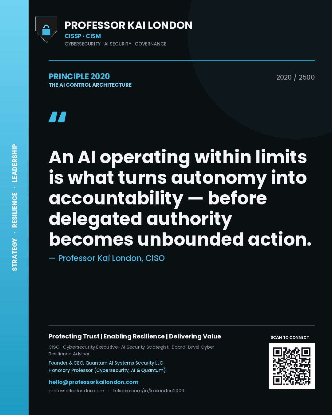 Professor Kai London principle 2020: An AI operating within limits is what turns autonomy into accountability — before delegated authority becomes unbounded action.
