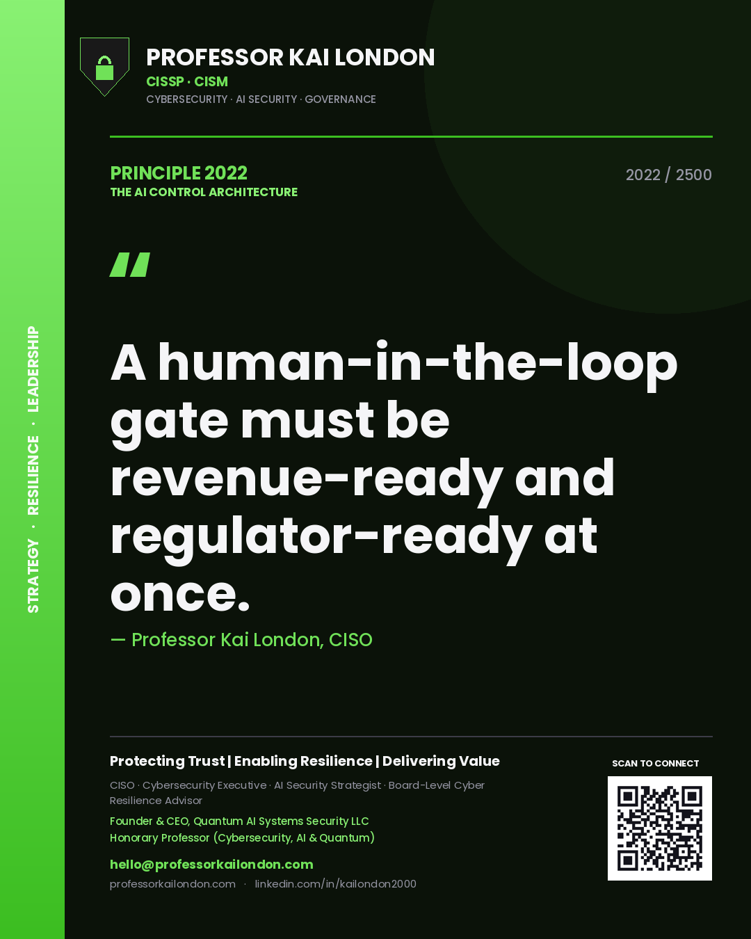 Professor Kai London principle 2022: A human-in-the-loop gate must be revenue-ready and regulator-ready at once.