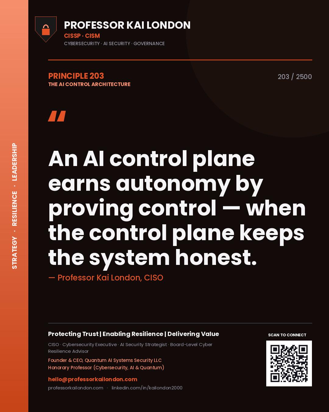 Quote card by Professor Kai London reading 'An AI control plane earns autonomy by proving control — when the control plane keeps the system honest.'. From the book The AI Control Architecture.