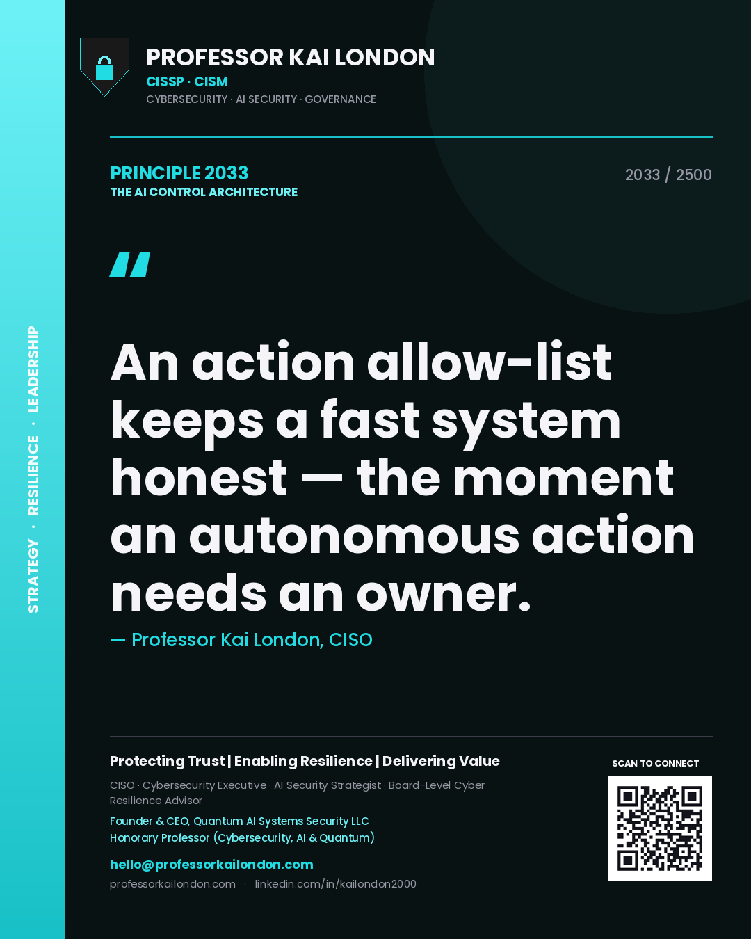 Professor Kai London principle 2033: An action allow-list keeps a fast system honest — the moment an autonomous action needs an owner.