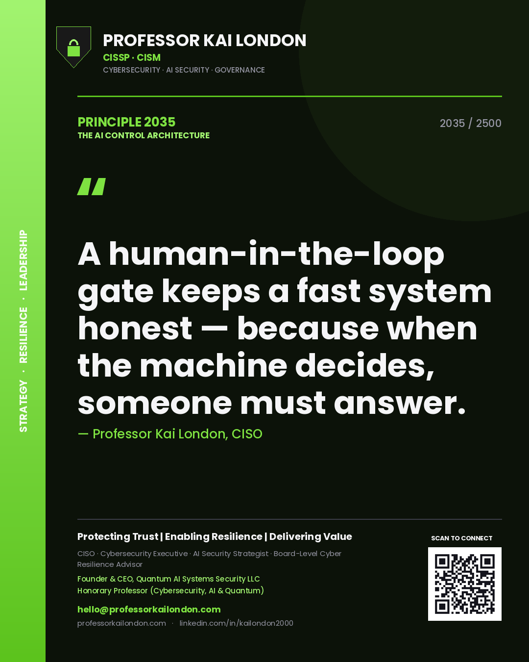 Professor Kai London principle 2035: A human-in-the-loop gate keeps a fast system honest — because when the machine decides, someone must answer.