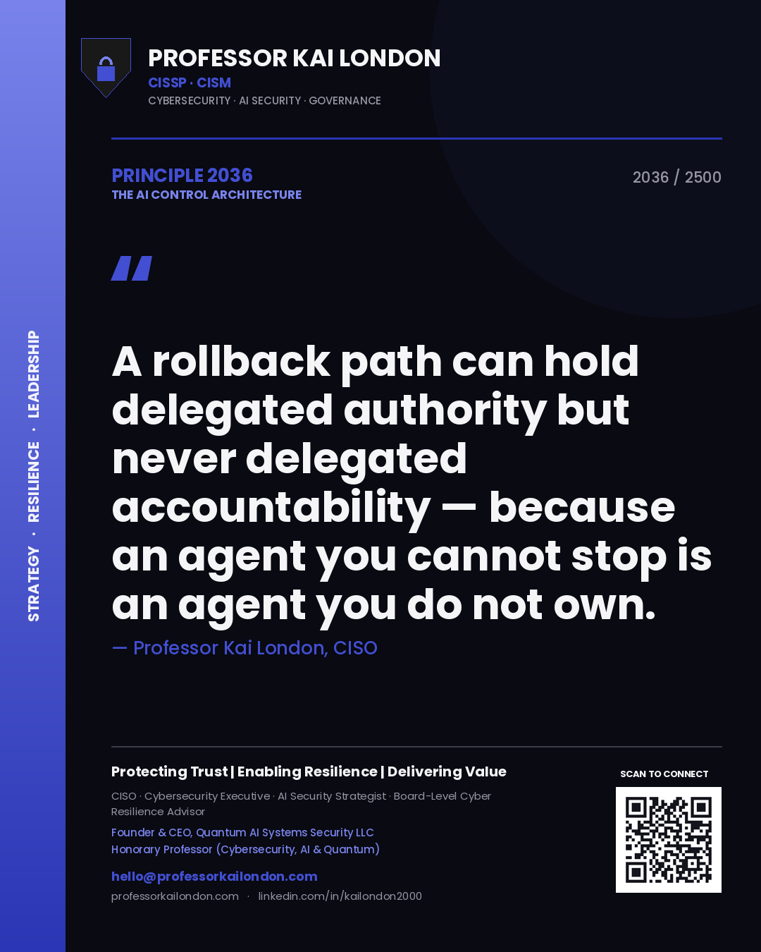 Professor Kai London principle 2036: A rollback path can hold delegated authority but never delegated accountability — because an agent you cannot stop is an agent you do not own.