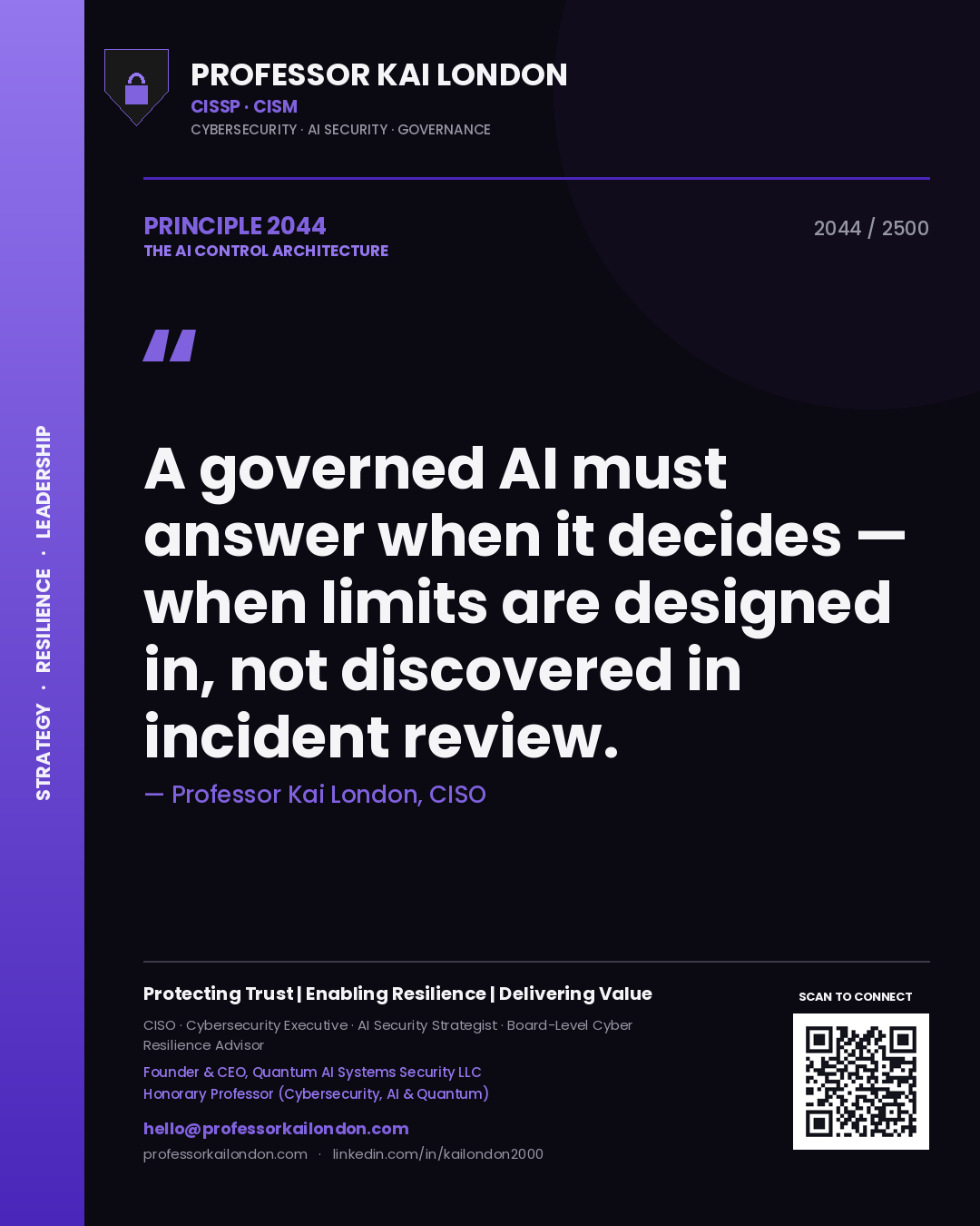 Professor Kai London principle 2044: A governed AI must answer when it decides — when limits are designed in, not discovered in incident review.