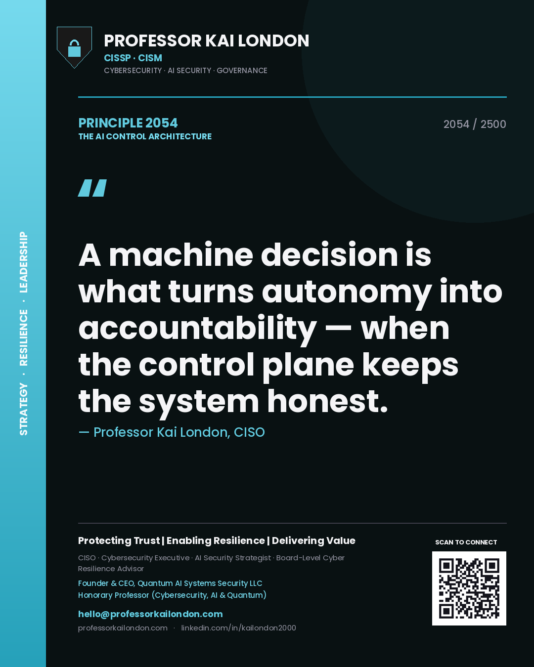 Professor Kai London principle 2054: A machine decision is what turns autonomy into accountability — when the control plane keeps the system honest.