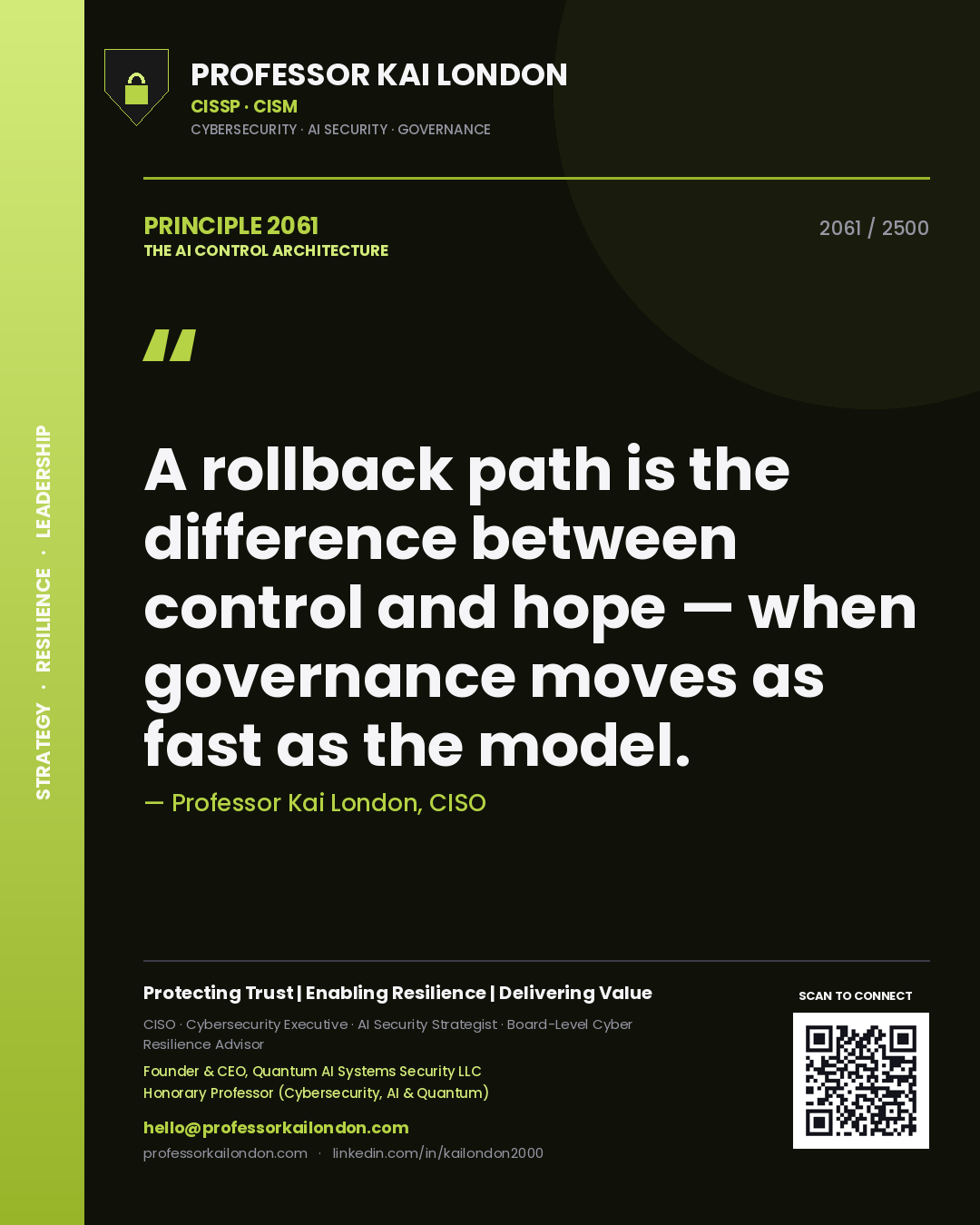 Professor Kai London principle 2061: A rollback path is the difference between control and hope — when governance moves as fast as the model.