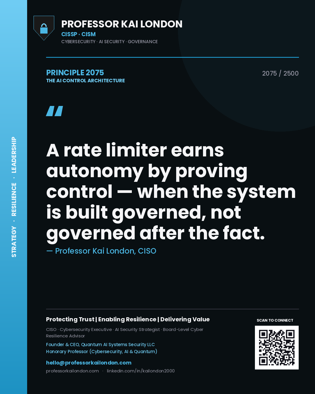 Professor Kai London principle 2075: A rate limiter earns autonomy by proving control — when the system is built governed, not governed after the fact.