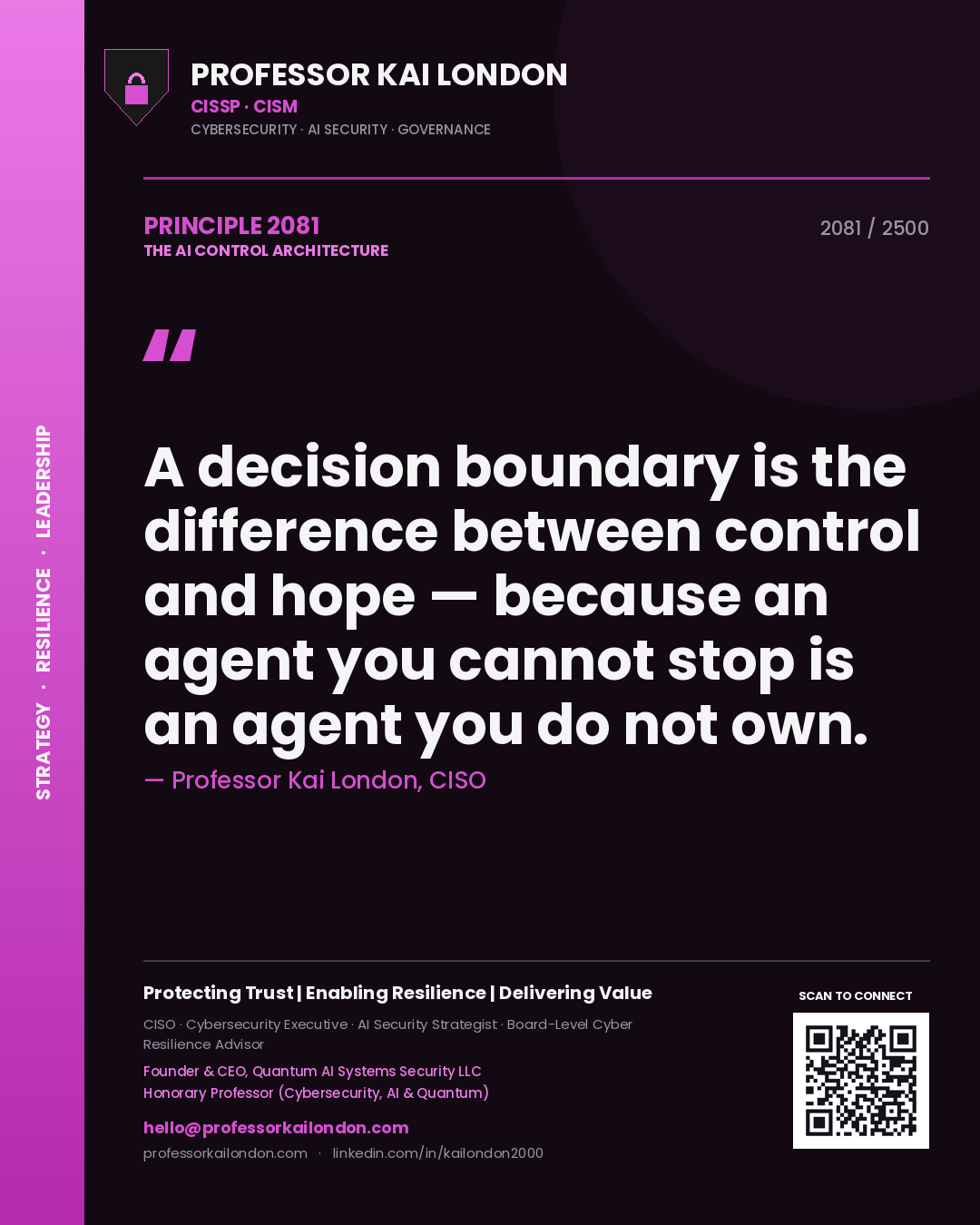 Professor Kai London principle 2081: A decision boundary is the difference between control and hope — because an agent you cannot stop is an agent you do not own.
