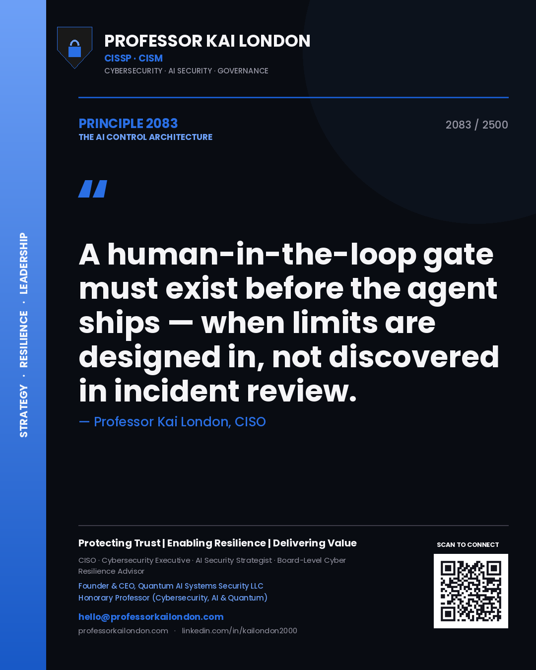 Professor Kai London principle 2083: A human-in-the-loop gate must exist before the agent ships — when limits are designed in, not discovered in incident review.