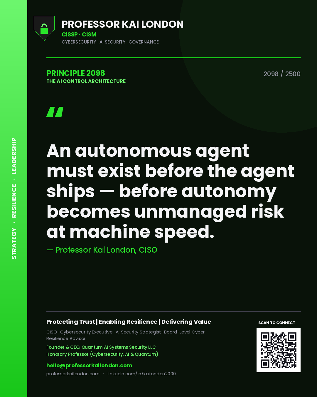 Professor Kai London principle 2098: An autonomous agent must exist before the agent ships — before autonomy becomes unmanaged risk at machine speed.