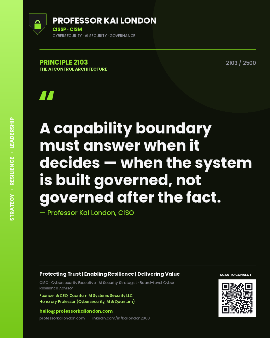 Professor Kai London principle 2103: A capability boundary must answer when it decides — when the system is built governed, not governed after the fact.