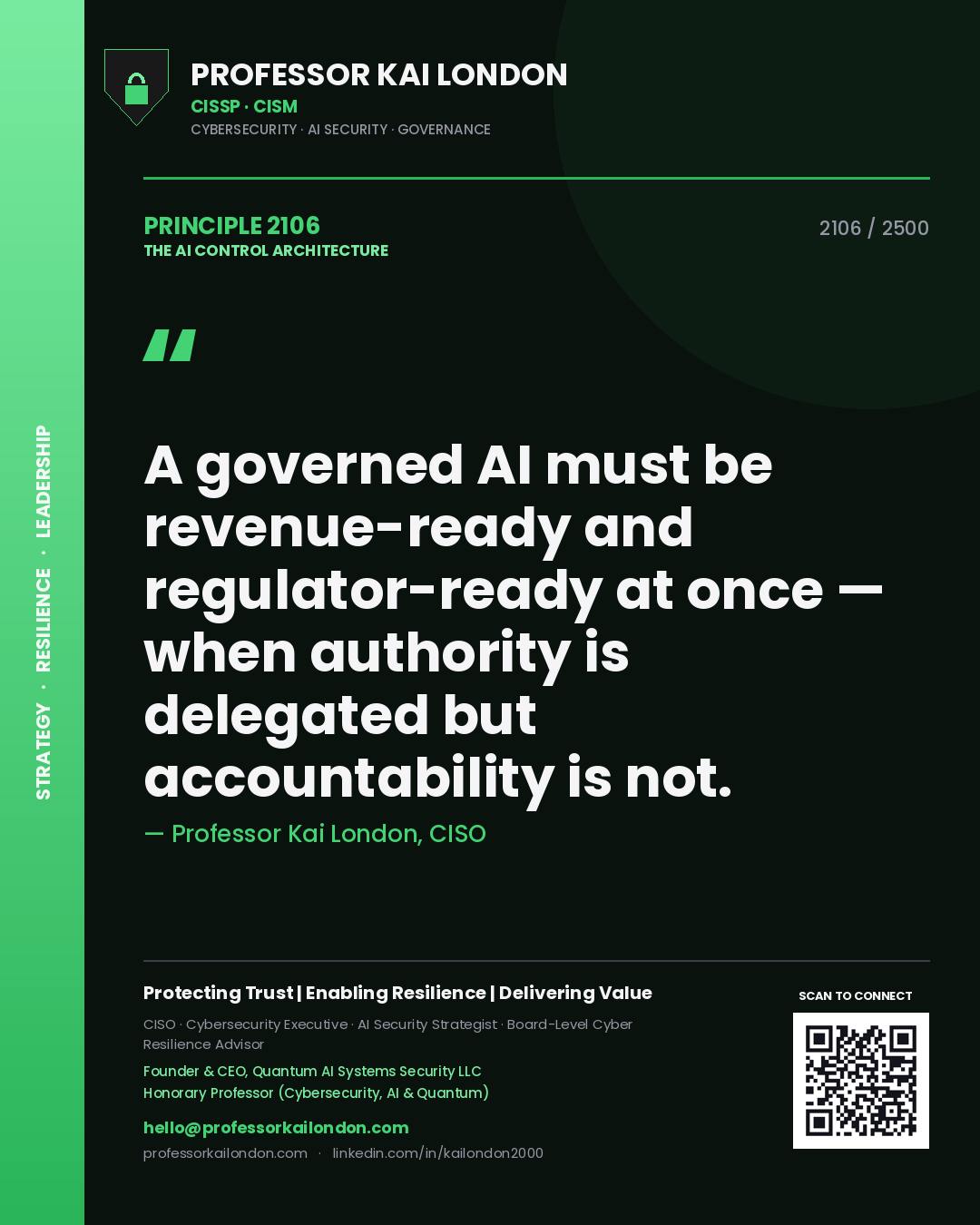 Professor Kai London principle 2106: A governed AI must be revenue-ready and regulator-ready at once — when authority is delegated but accountability is not.