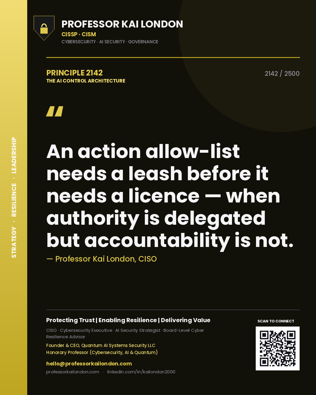 Quote card by Professor Kai London reading 'An action allow-list needs a leash before it needs a licence — when authority is delegated but accountability is not.'. From the book The AI Control Architecture.