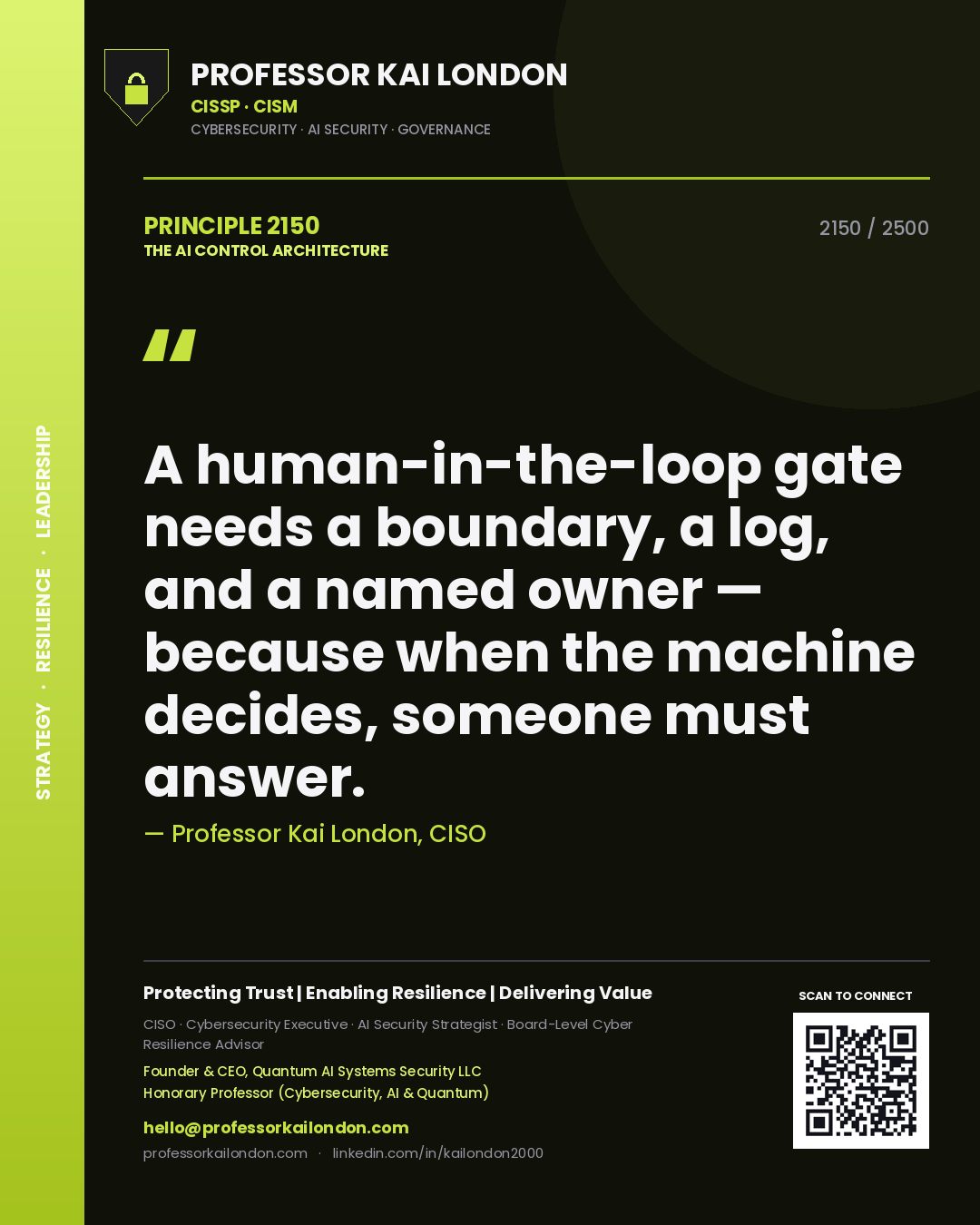 Professor Kai London principle 2150: A human-in-the-loop gate needs a boundary, a log, and a named owner — because when the machine decides, someone must answer.