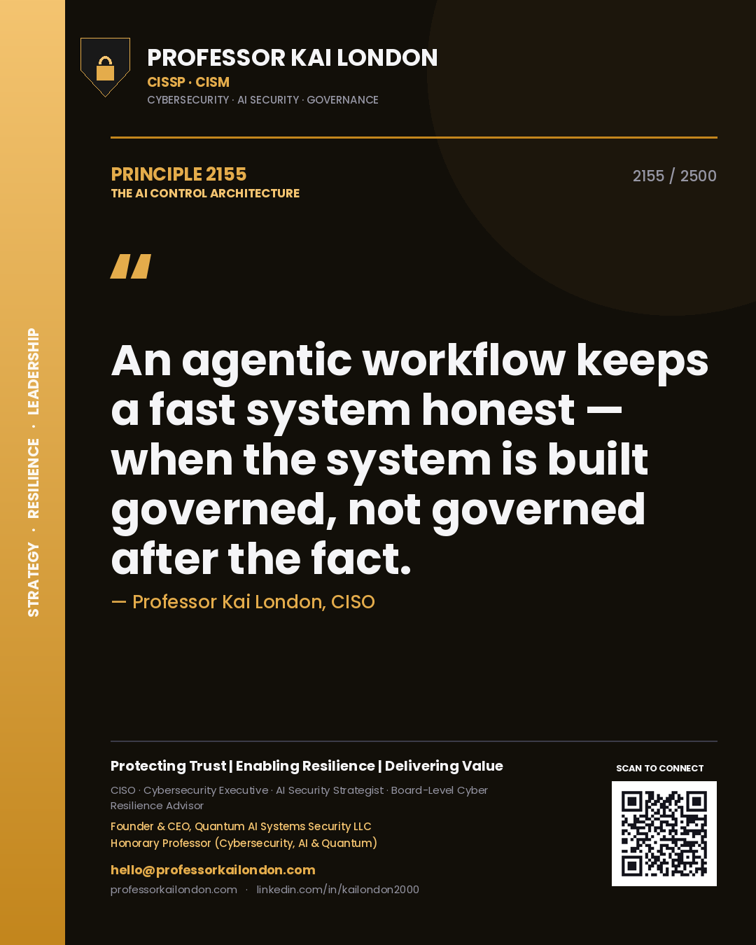 Quote card by Professor Kai London reading 'An agentic workflow keeps a fast system honest — when the system is built governed, not governed after the fact.'. From the book The AI Control Architecture.