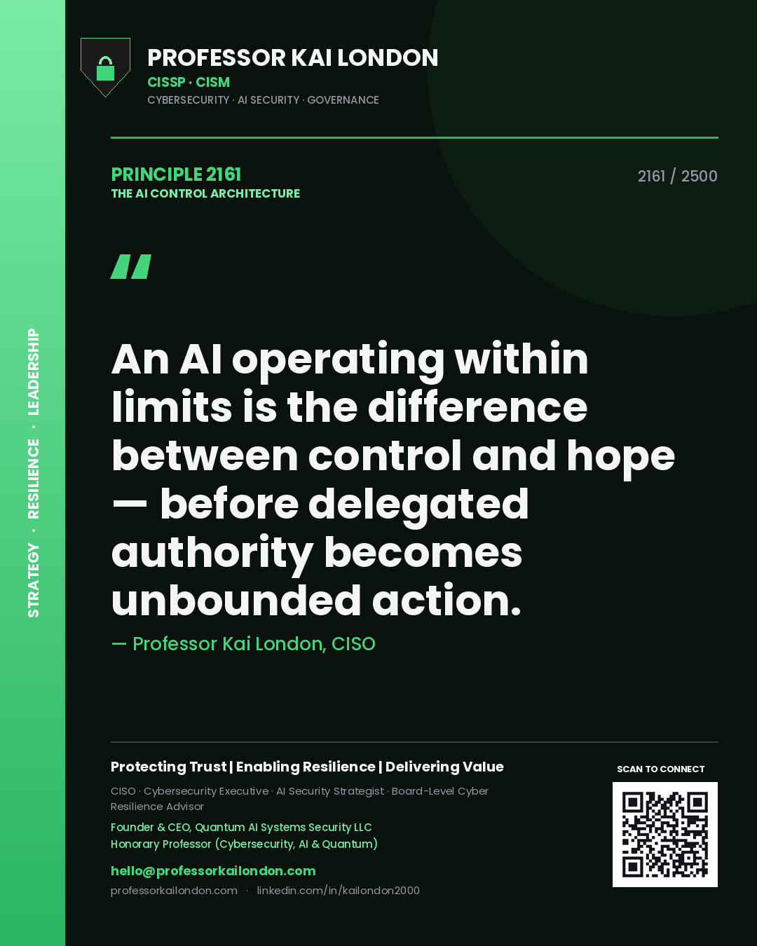 Quote card by Professor Kai London reading 'An AI operating within limits is the difference between control and hope — before delegated authority becomes unbounded action.'. From the book The AI Control Architecture.