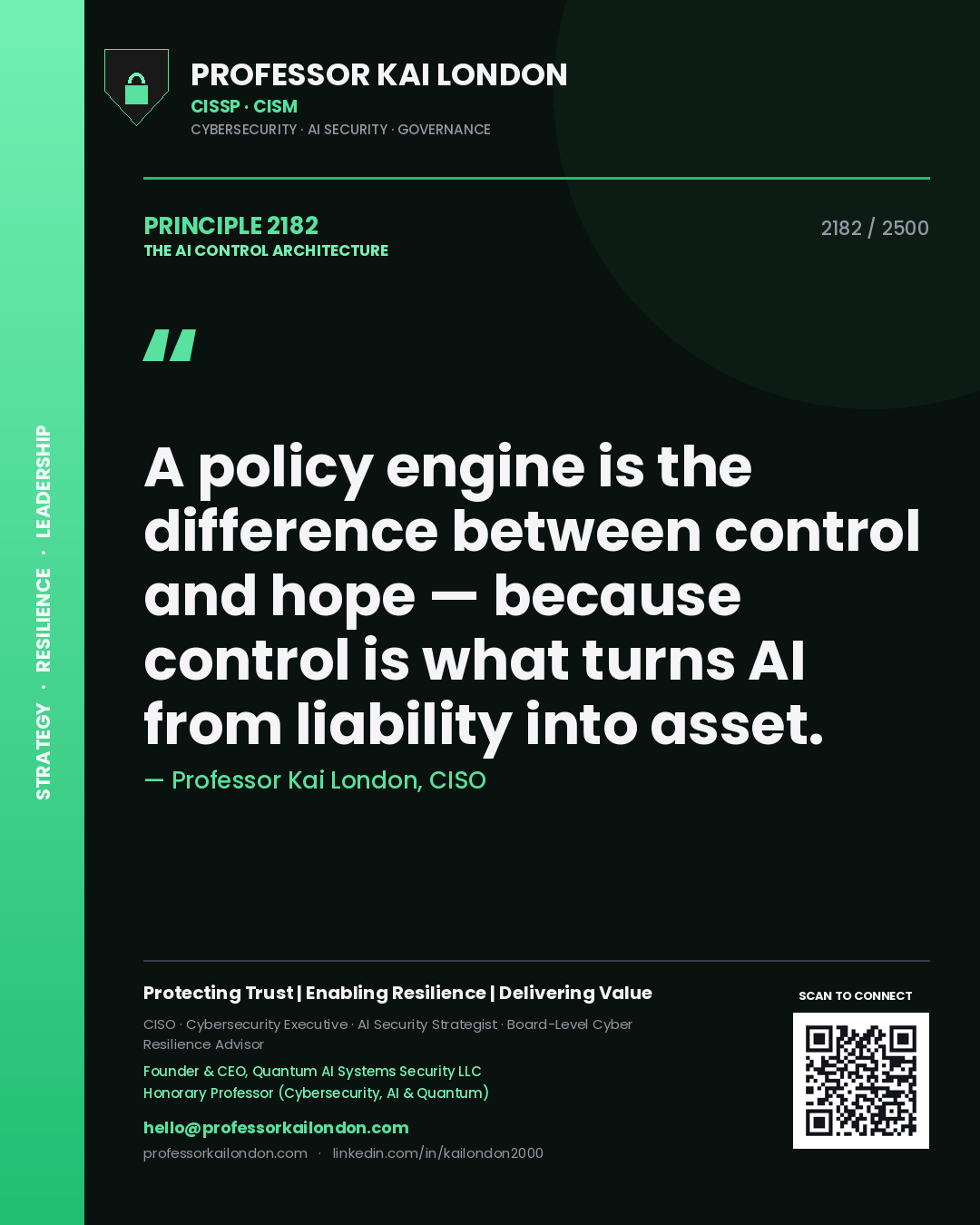 Quote card by Professor Kai London reading 'A policy engine is the difference between control and hope — because control is what turns AI from liability into asset.'. From the book The AI Control Architecture.