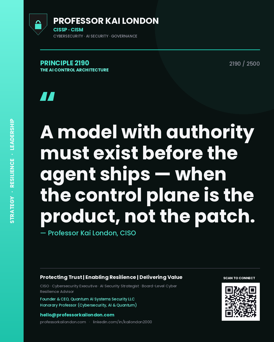 Quote card by Professor Kai London reading 'A model with authority must exist before the agent ships — when the control plane is the product, not the patch.'. From the book The AI Control Architecture.