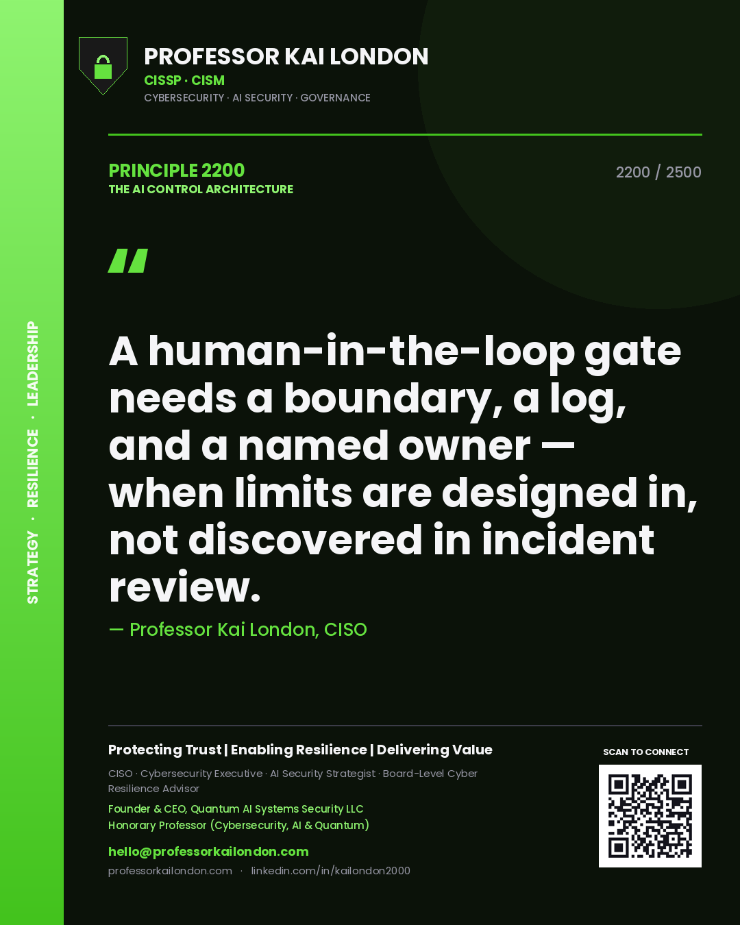 Quote card by Professor Kai London reading 'A human-in-the-loop gate needs a boundary, a log, and a named owner — when limits are designed in, not discovered in incident review.'. From the book The AI Control Architecture.
