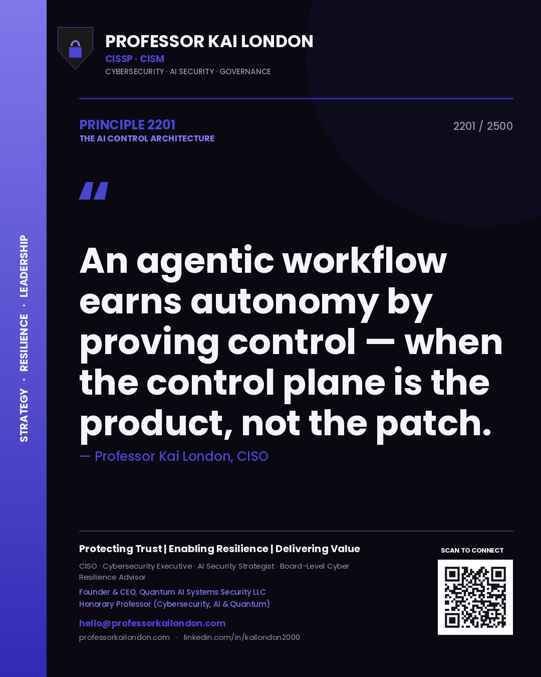 Quote card by Professor Kai London reading 'An agentic workflow earns autonomy by proving control — when the control plane is the product, not the patch.'. From the book The AI Control Architecture.