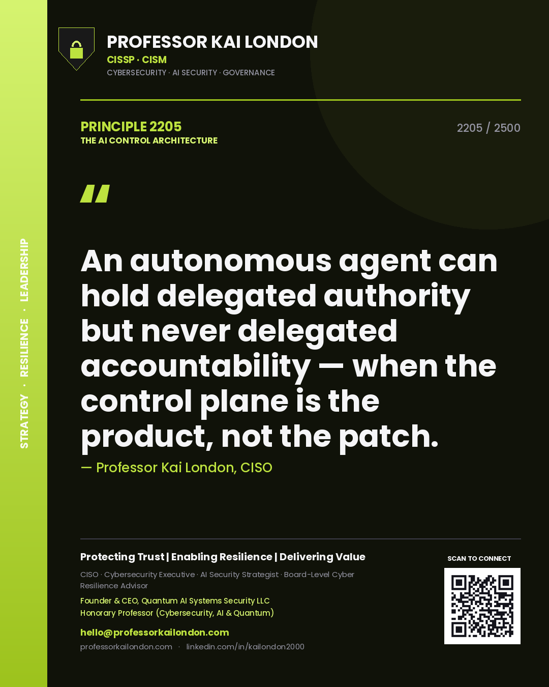 Quote card by Professor Kai London reading 'An autonomous agent can hold delegated authority but never delegated accountability — when the control plane is the product, not the patch.'. From the book The AI Control Architecture.