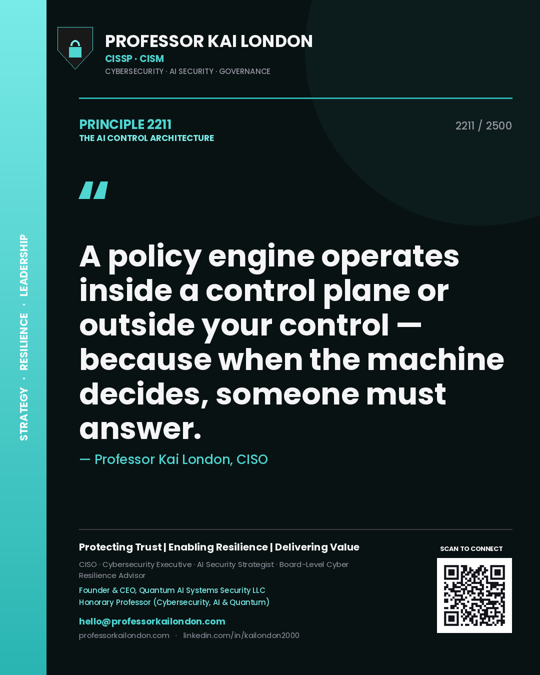 Quote card by Professor Kai London reading 'A policy engine operates inside a control plane or outside your control — because when the machine decides, someone must answer.'. From the book The AI Control Architecture.