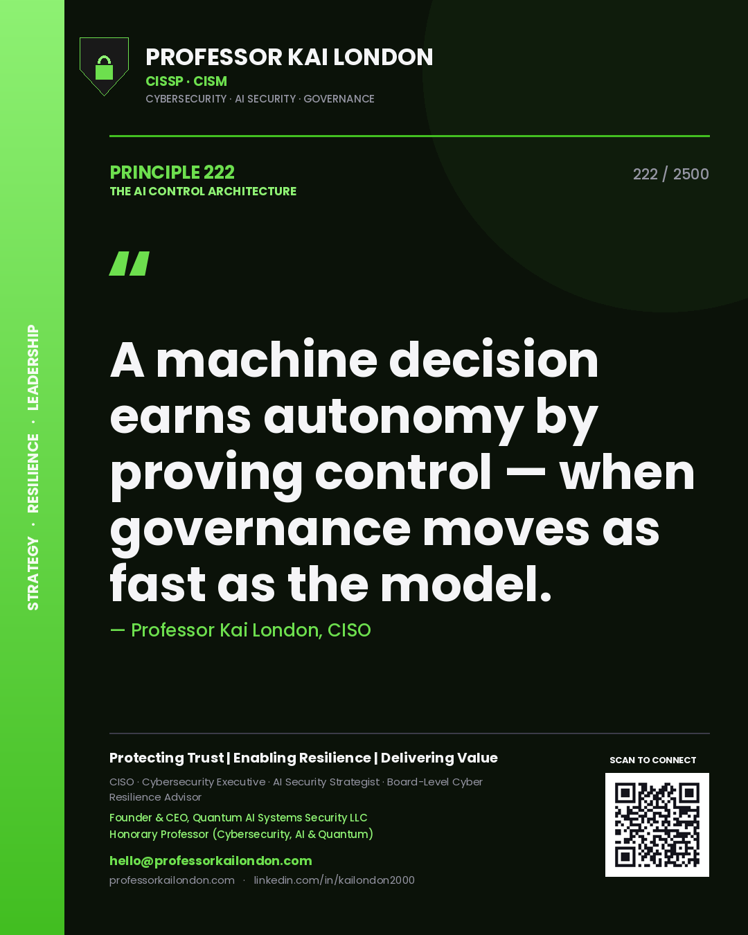 Quote card by Professor Kai London reading 'A machine decision earns autonomy by proving control — when governance moves as fast as the model.'. From the book The AI Control Architecture.