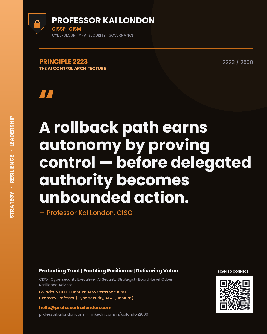Quote card by Professor Kai London reading 'A rollback path earns autonomy by proving control — before delegated authority becomes unbounded action.'. From the book The AI Control Architecture.