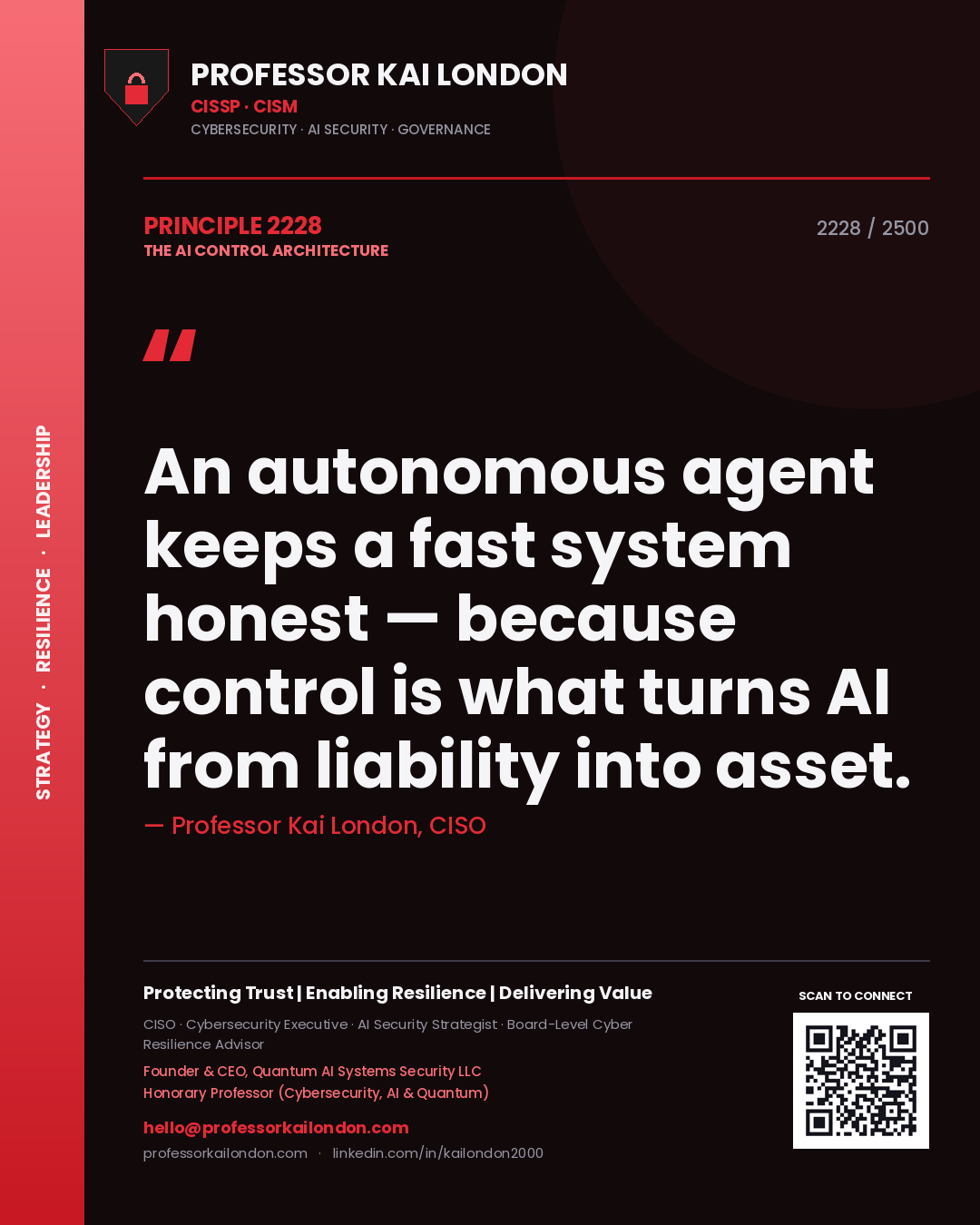 Quote card by Professor Kai London reading 'An autonomous agent keeps a fast system honest — because control is what turns AI from liability into asset.'. From the book The AI Control Architecture.