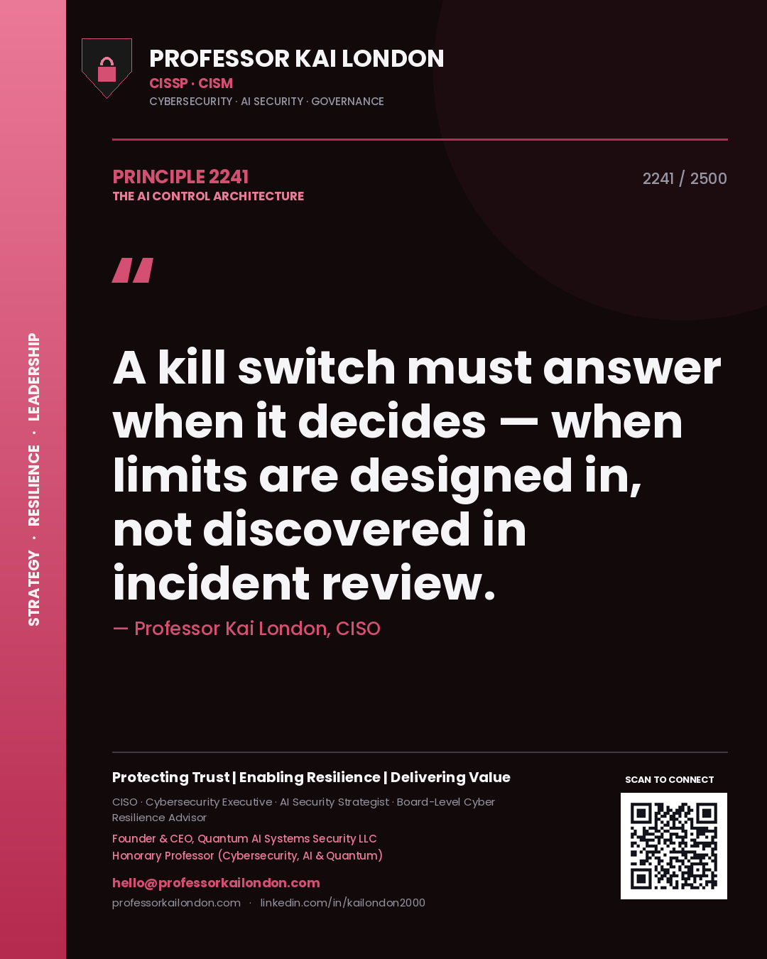 Quote card by Professor Kai London reading 'A kill switch must answer when it decides — when limits are designed in, not discovered in incident review.'. From the book The AI Control Architecture.