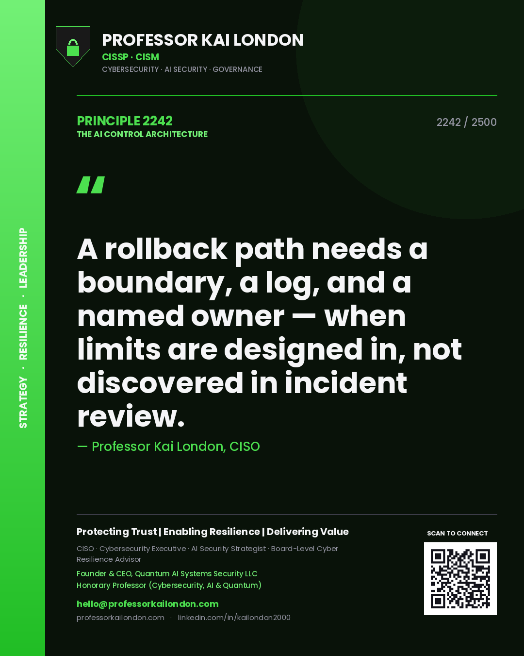 Quote card by Professor Kai London reading 'A rollback path needs a boundary, a log, and a named owner — when limits are designed in, not discovered in incident review.'. From the book The AI Control Architecture.