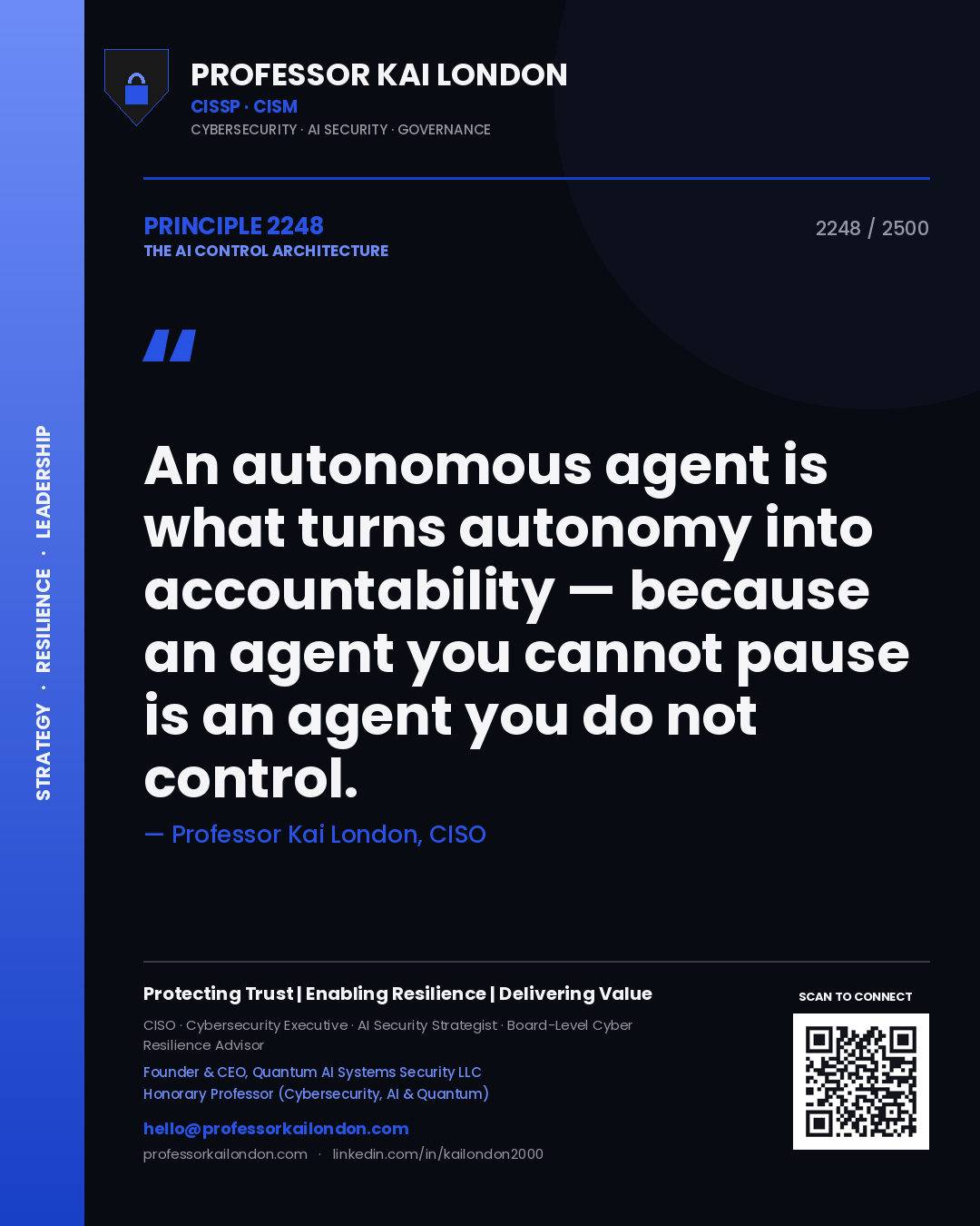 Quote card by Professor Kai London reading 'An autonomous agent is what turns autonomy into accountability — because an agent you cannot pause is an agent you do not control.'. From the book The AI Control Architecture.