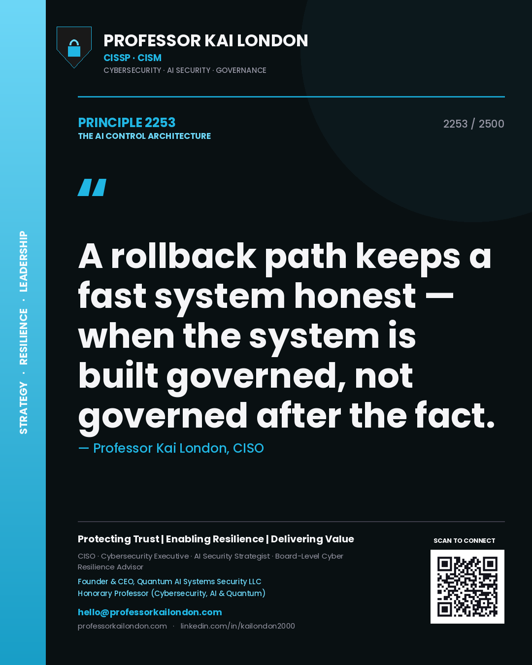 Quote card by Professor Kai London reading 'A rollback path keeps a fast system honest — when the system is built governed, not governed after the fact.'. From the book The AI Control Architecture.