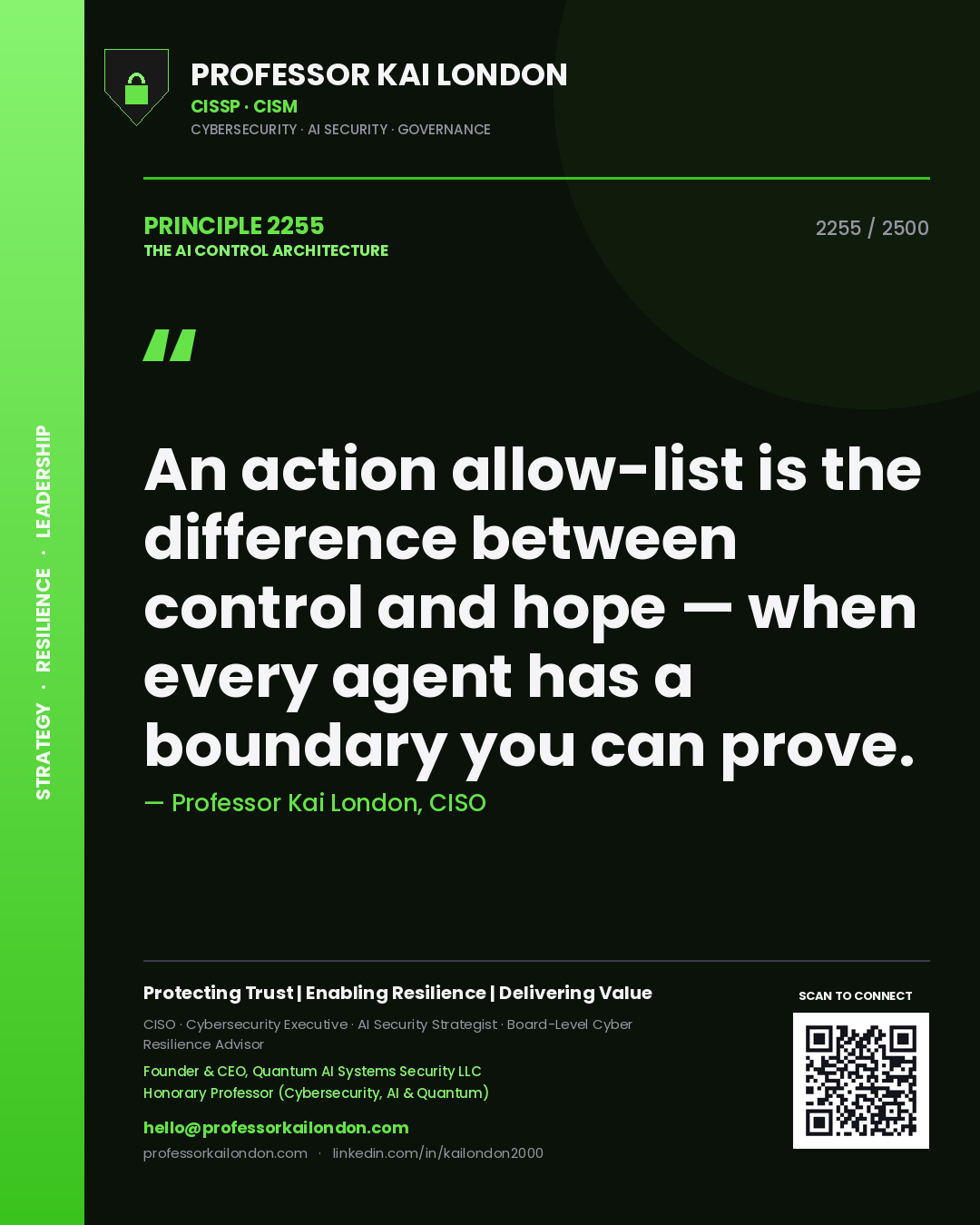 Quote card by Professor Kai London reading 'An action allow-list is the difference between control and hope — when every agent has a boundary you can prove.'. From the book The AI Control Architecture.