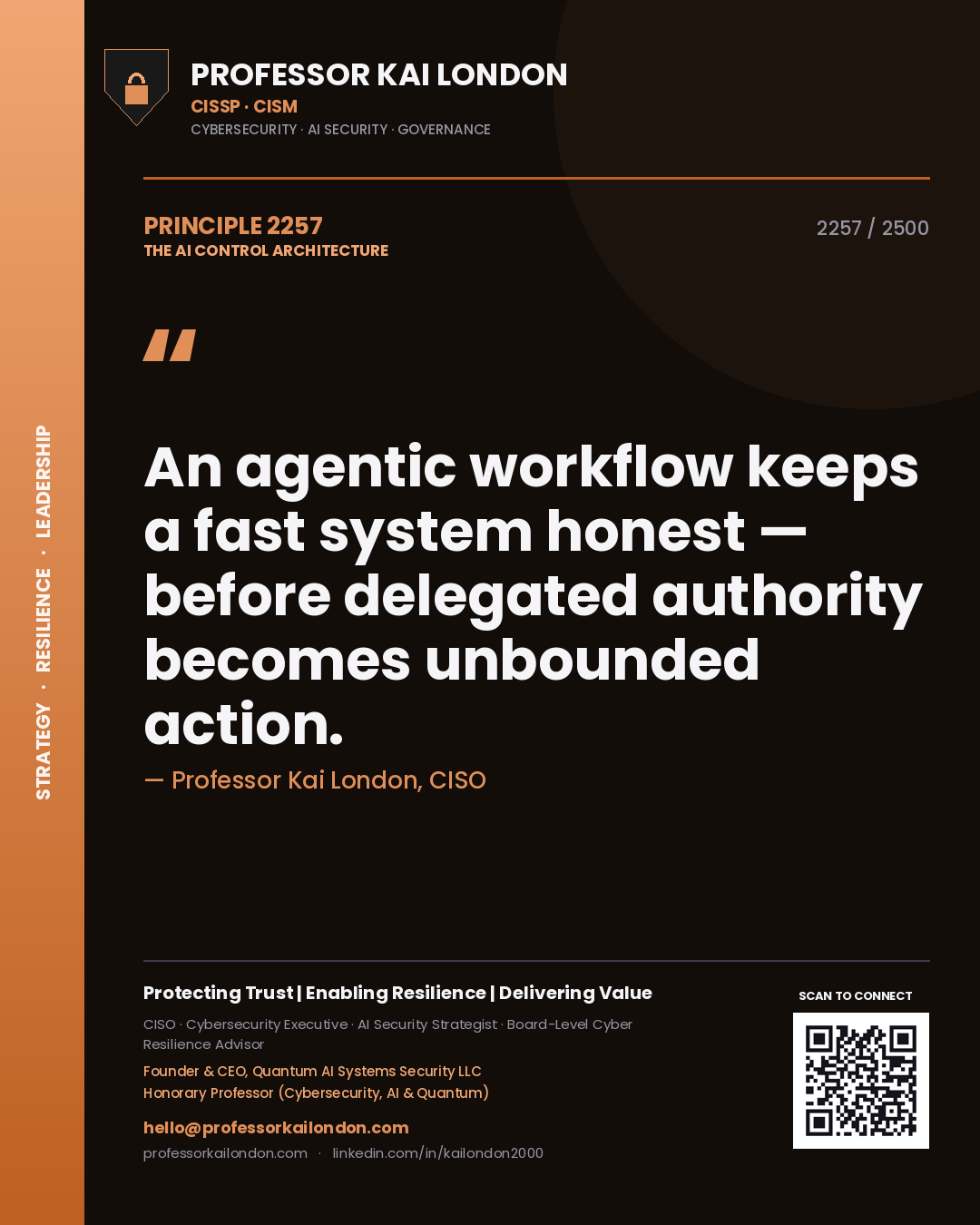 Quote card by Professor Kai London reading 'An agentic workflow keeps a fast system honest — before delegated authority becomes unbounded action.'. From the book The AI Control Architecture.